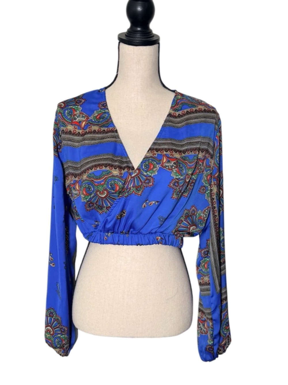 Missguided Paisley Boho Festival Wrap Crop Top Blue Silky Long Sleeve Size 12